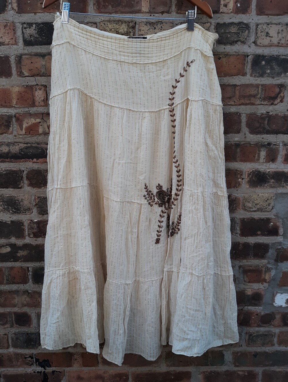 Autograph New York Beaded Cotton Tiered Maxi Skirt Cream Gold Lurex Womens 12